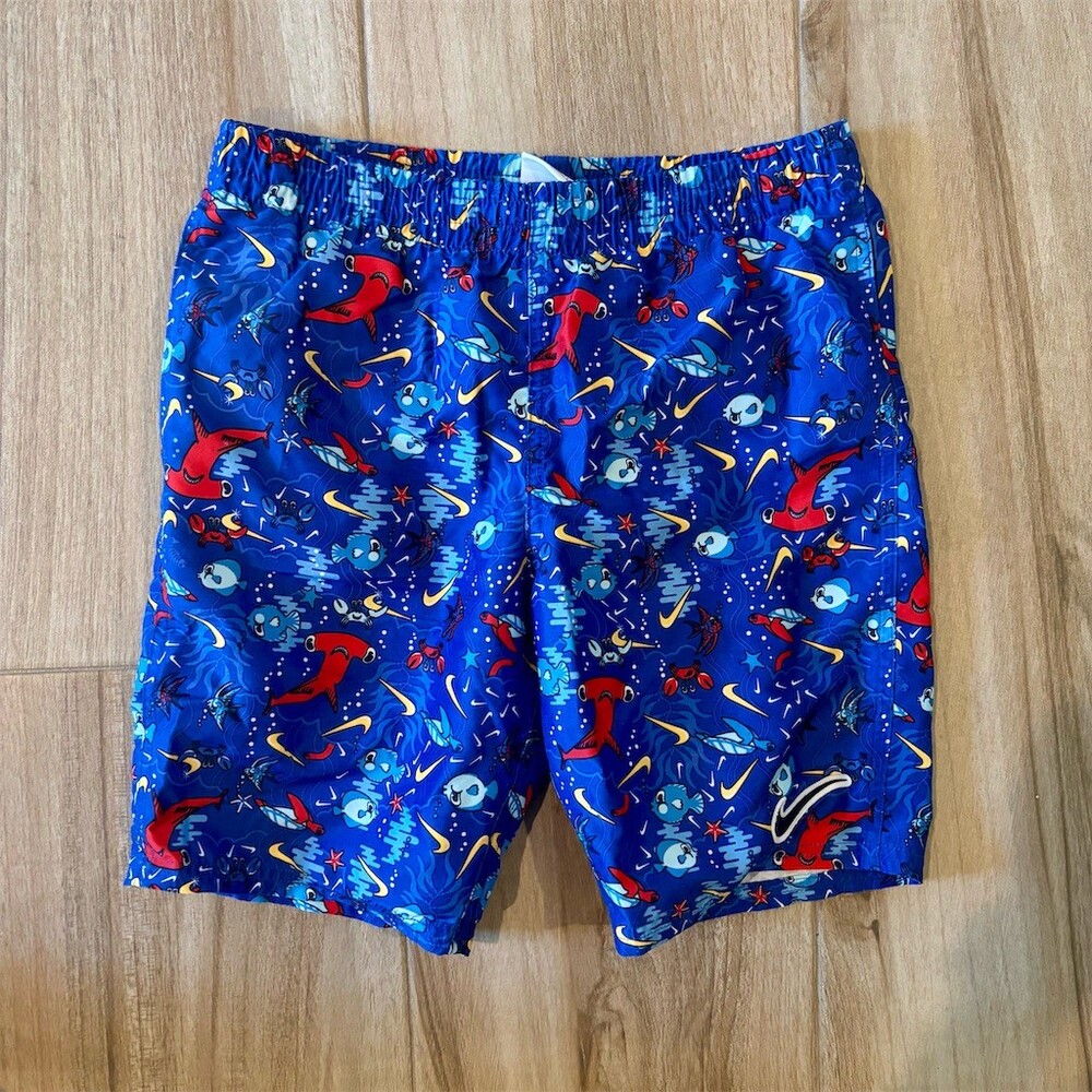 Nike Boys Swim Trunks Size M Blue Sea Life Shark Fish Print Mesh Lined